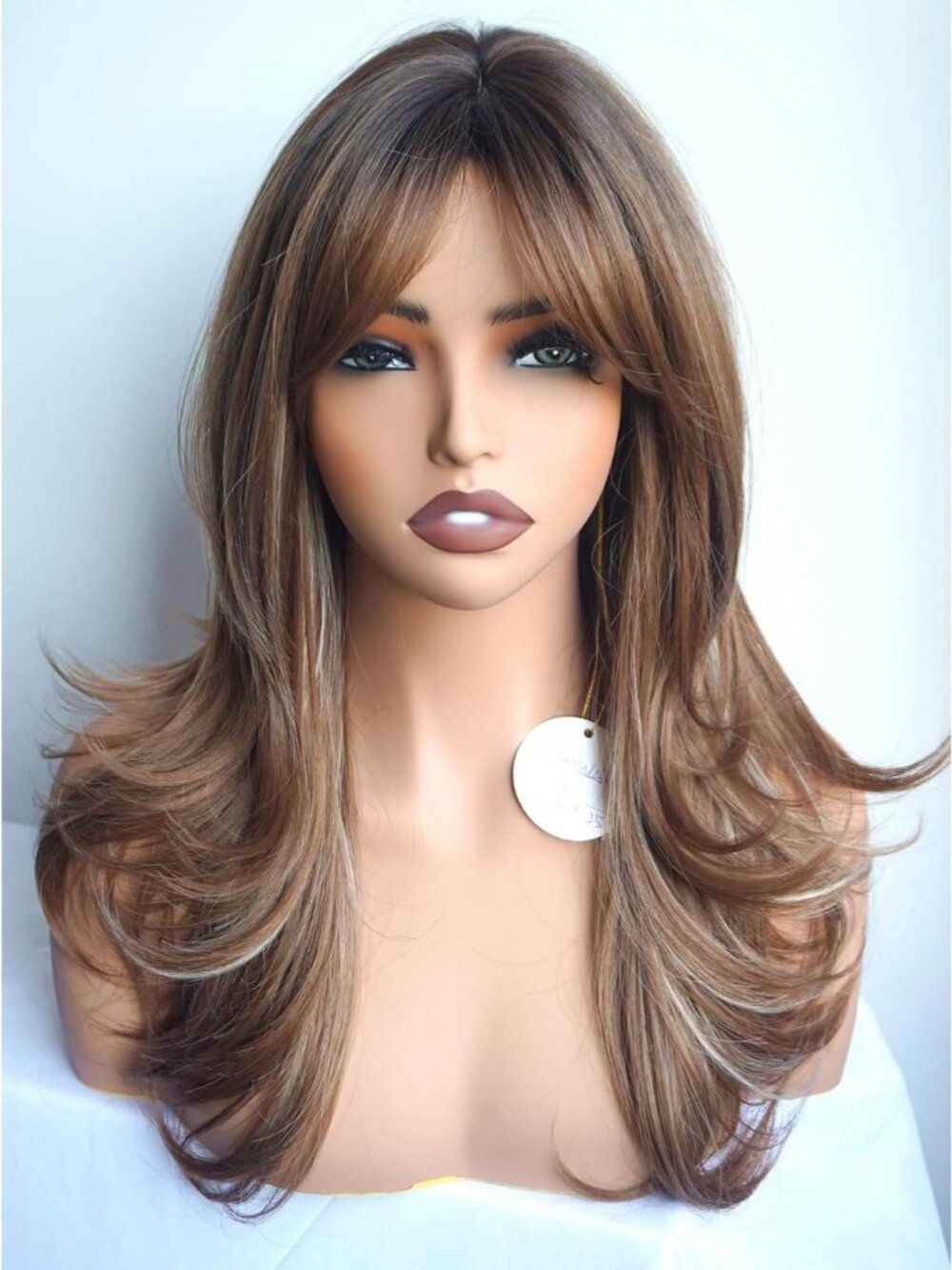Women's Golden Brown with Blonde Long Layered Shoulder Synthetic Highlight Wigs